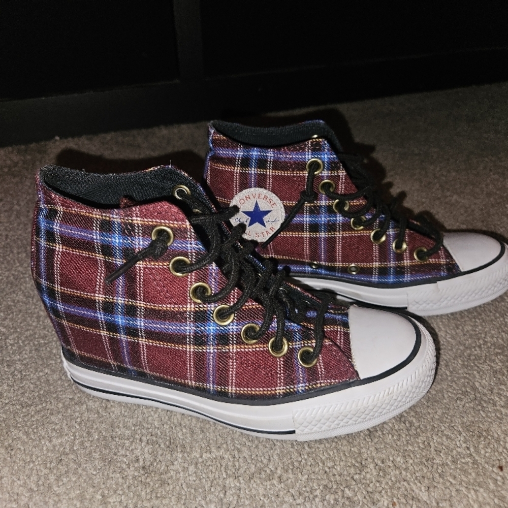 Converse CTAS Lux Mid Hidden Wedge Red Tartan Plaid Canvas Sneaker RARE Womens 5